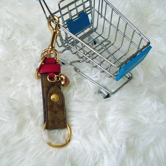 Coach Trigger Snap Bag Charm Keychain Khaki Pink Gold - Picture 1 of 8